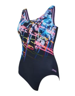 Zoggs Digital Daisy Actionback Swimsuit - Black/Purple -Swimming Equipment Store DigitalDaisyActionbackSwimsuit 1