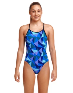 FUNKITA Girls Blue Bars Diamond Back Swimsuit