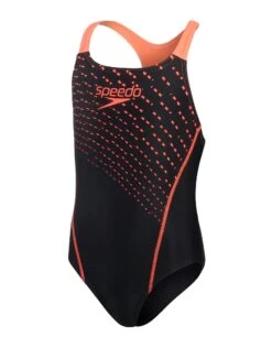 Speedo Girls Medley Logo Medalist Swimsuit - Black/Siren Red -Swimming Equipment Store GirlsMedleyLogoMedalistBlackred 2