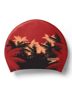 Speedo Long Hair Printed Swim Cap - Black/Red